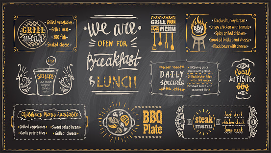 Barbecue menu chalkboard template, menu board with BBQ symbols and dishes lettering, blackboard chalk grill menu display set for cafe or restaurant