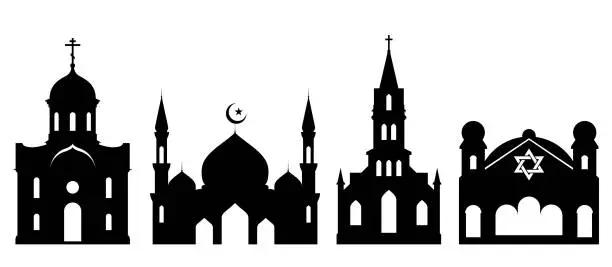 Vector illustration of Religious buildings, church, mosque and synagogue, silhouette of cathedral, vector
