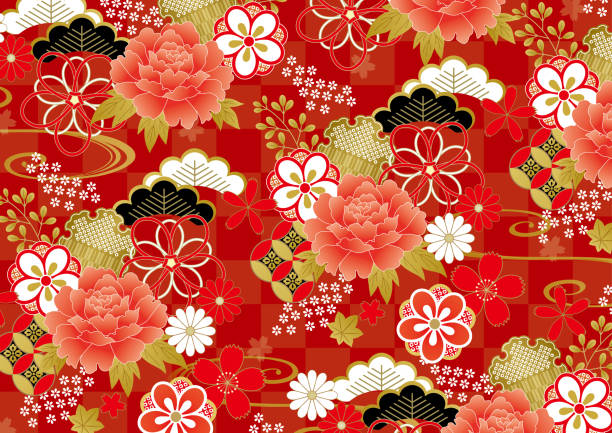czerwony kwiat japoński wzór kimona - traditional style stock illustrations