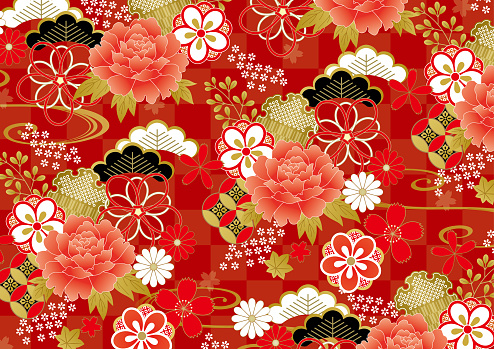 Red flower Japanese kimono pattern