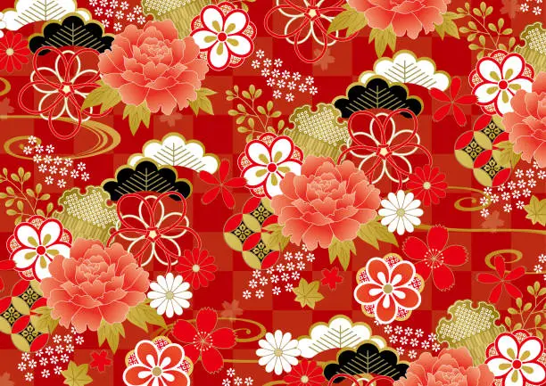 Vector illustration of Red flower Japanese kimono pattern