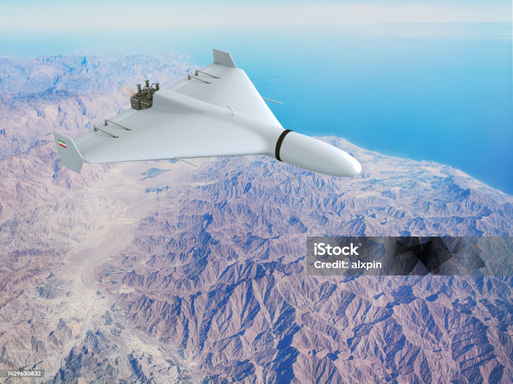 Iranian aerial drone Iranian loitering munition autonomous swarm pusher-prop aerial drone. Digitally Generated Image Drone Stock Photo