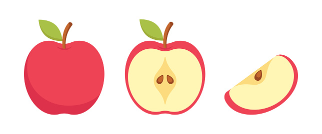 Red apple cartoon set. The whole, half and a piece. Flat vector illustration.