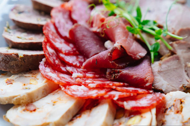 meat delicacies on a plate decorated with micro greens. - smoked tongue imagens e fotografias de stock