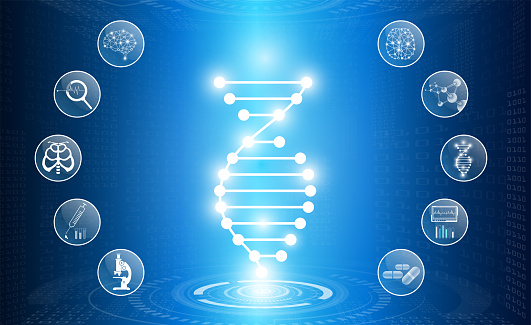 abstract background technology concept in blue light,brain and human body heal ,technology modern medical science in future and global international medical with tests analysis clone DNA human