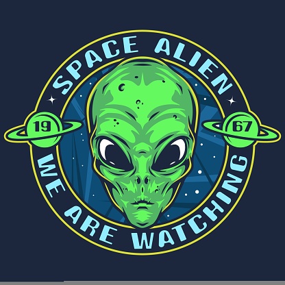 Space alien vintage poster colorful the head of green extraterrestrial humanoid and inscription we are watching vector illustration