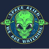 istock Space alien vintage poster colorful 1429633849