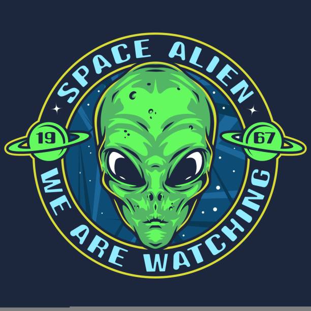 Space alien vintage poster colorful Space alien vintage poster colorful the head of green extraterrestrial humanoid and inscription we are watching vector illustration alien invasion stock illustrations