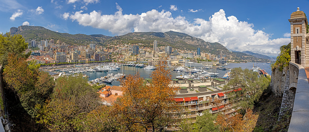 Panoramic view of the harbour and the cityscape of Monaco during the day in summer