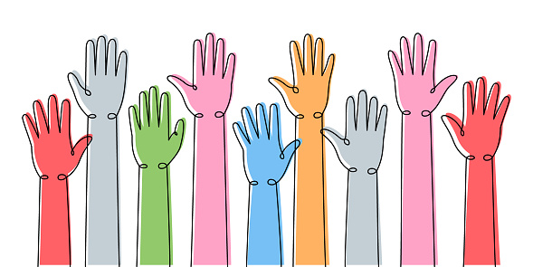 Set of hands up one line colored continuous drawing. Teamwork, collaboration, solidarity continuous colorful one line illustration. Vector minimalist linear illustration. Isolated on white background.