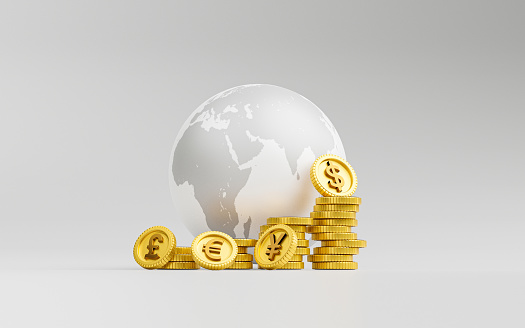 Isolate currency on golden coin stacking include dollar euro pound sterling yen and yuan with world on white background for currency exchange concept ,Element of this image from NASA and 3d render.