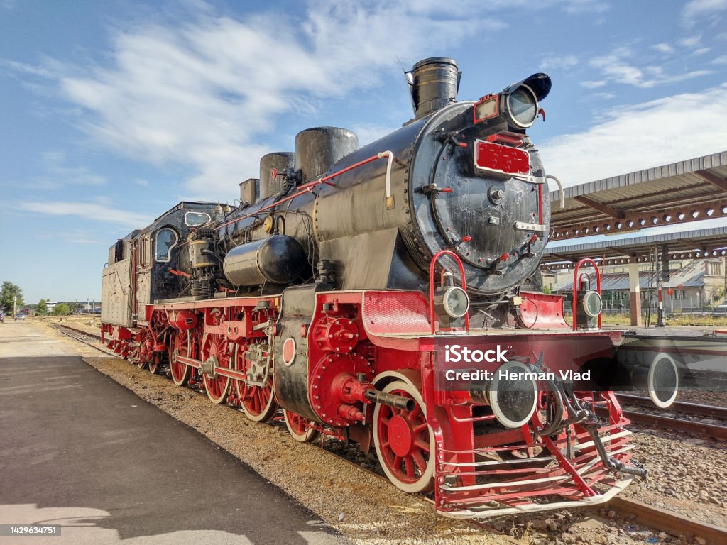 old steam locomotive made in Romania in 1932. Exhibited in Oradea city, Romania old steam locomotive made in Romania in 1932. Exhibited in Oradea city, Romania. On public domain Old Stock Photo