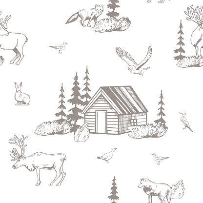 Vector  pattern with  northern hut and animals.