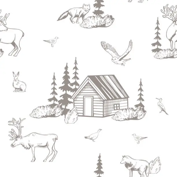 Vector illustration of Vector  pattern with  northern hut and animals.