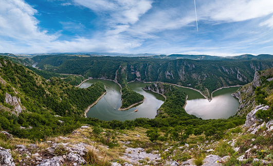 Beautiful summer top view of the Uvac River canyon meanders, Serbia.