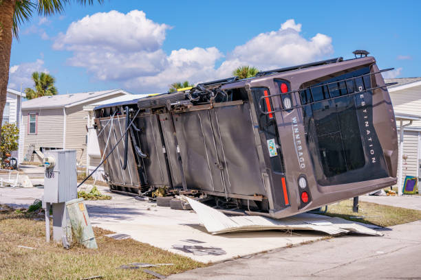 Winnebago rolled over on it's side by strong winds of Hurricane Ian Fort Myers FL Fort Myers, FL, USA - October 1, 2022: Winnebago rolled over on it's side by strong winds of Hurricane Ian Fort Myers FL fort myers beach photos stock pictures, royalty-free photos & images
