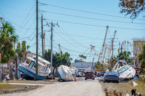 Fort Myers, FL, USA - October 1, 2022: Fort Myers FL scene after Hurricane Ian storm surge with 6 foot floods