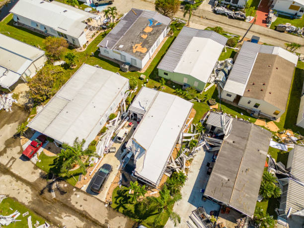 Aerial drone photo of mobile home trailer parks in Fort Myers FL which sustained damage from Hurricane Ian stock photo