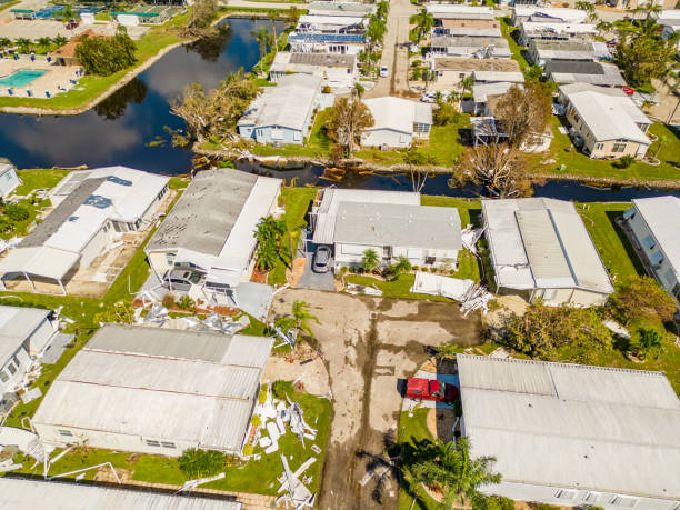 Aerial drone photo of mobile home trailer parks in Fort Myers FL which sustained damage from Hurricane Ian Aerial drone photo of mobile home trailer parks in Fort Myers FL which sustained damage from Hurricane Ian hurricane ian stock pictures, royalty-free photos & images