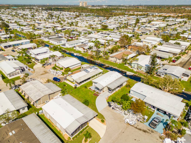 aerial drone photo of mobile home trailer parks in fort myers fl which sustained damage from hurricane ian - hurricane ian stok fotoğraflar ve resimler