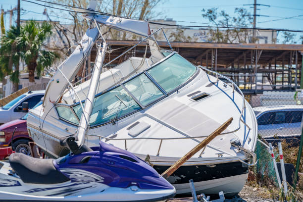 Boat totalled by Hurricane Ian Fort Myers FL stock photo
