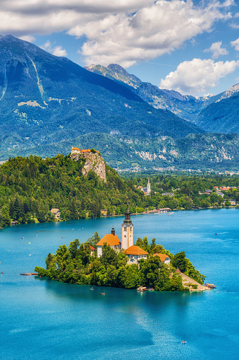 Lake Bled and Bled Island in Slovenia, on the island pilgrimage Church of the Assumption of Mary at the foot of the Julian Alps.