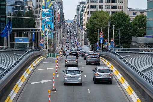 Brussels, Belgium - 10 September 2022: Heavy traffic in the rush hour on Rue de la Loi