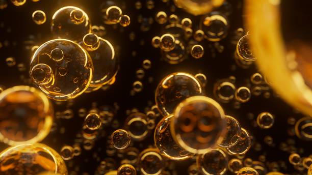 istock Underwater bubbles. Abstract orange golden bubble background. Distribution of bubbles. Nice 3d spheres with reflection. Macro shot of various air bubbles in water. 3D rendering 1429648787