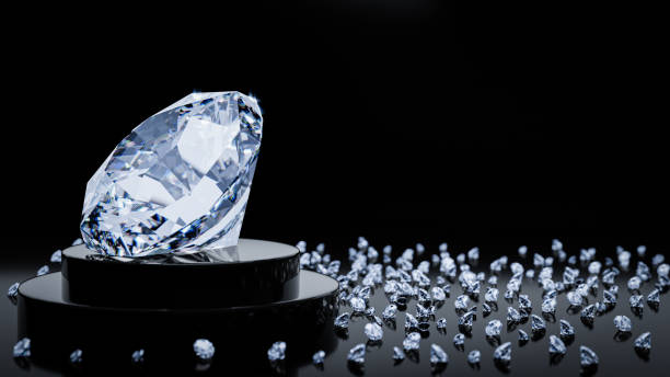 istock Big diamond on a circular display stand, black background and reflective surface. Image of the concept of luxury jewelry, expensive in the product show. 3D rendering 1429649785