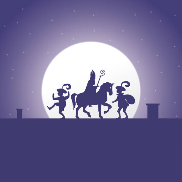 illustrazioni stock, clip art, cartoni animati e icone di tendenza di concetto del giorno di sinterklaas - silhouette su sfondo lunare - illustrazione delle vacanze - religious illustration