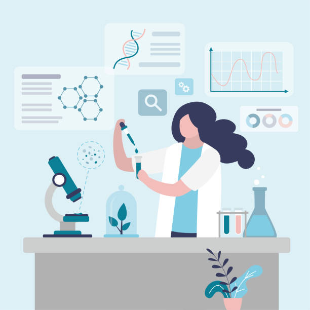 Scientist creates new fertilizer for sprouts. Girl conducts genetic engineering experiments on plants in laboratory Scientist creates new fertilizer for sprouts. Girl conducts genetic engineering experiments on plants in laboratory. Botanist examines molecular structure of leaf under microscope. Vector illustration dna test stock illustrations