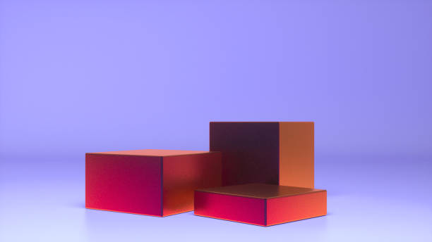 istock Three empty Colorful stands and abstract Purple geometry background. Podium, pedestal, platform for cosmetic product presentation, showcase. Minimalist mock up scene, concept template. 3d render 1429652511