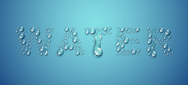 Water word designed with realistic water drops with blurred background beyond, vector illustration of ecology theme, ecosystem, environment protection.