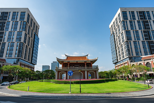 Ancient pavilions and modern office buildings