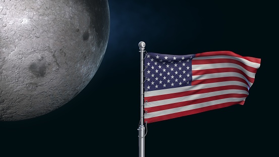 USA flag over the moon. America moon mission symbol. Science background with place for text. 3d render