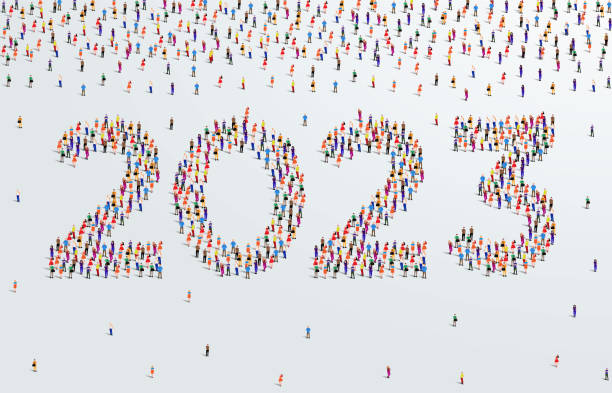 istock 2023 happy new year greeting card design. A large group of people form to create the year number 2023 or twenty twenty three 1429659099