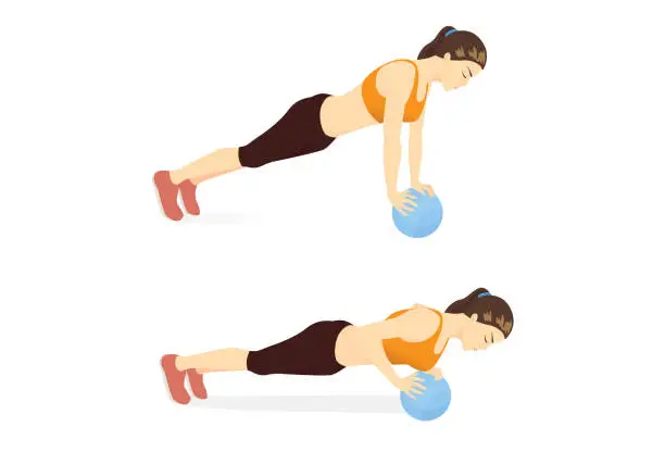 Vector illustration of Sport women doing Exercise by Push up Medicine Ball Exercise. Start by plank posture and put your hands on the Med ball.
