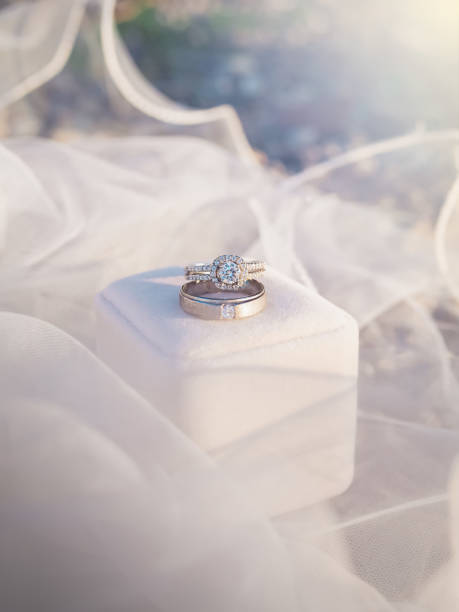 istock Wedding accessories. Diamondengagement wedding rings on white box. Valentine's day and Wedding day concept. Love signal 1429661052