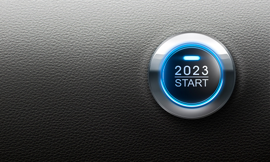 Blue illuminated start button year 2023 with leather background - 3D illustration