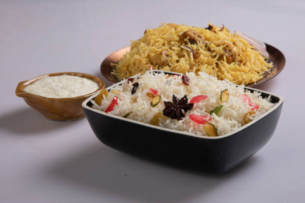 Biriyani, Basmoti rice biriyani, mutton biriyani, isolated on white background.