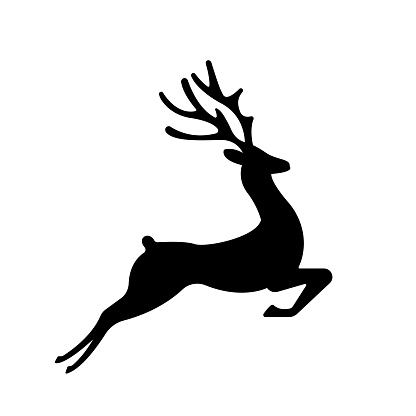 jumping deer, christmas symbol, reindeer silhouette, black icon, winter decorative element, simple vector illustration