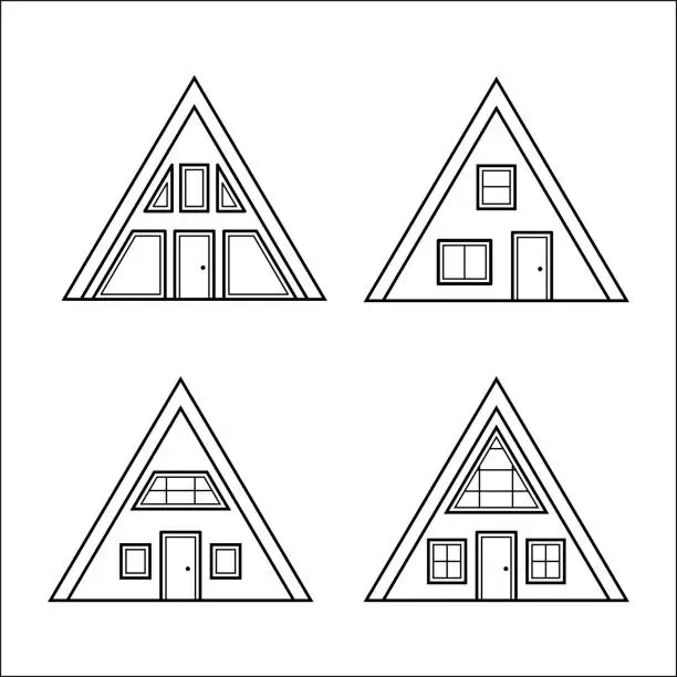 Vector illustration of Set of A-frame houses. Collection of triangular-shaped buildings with different arrangement of doors and windows. Icons set in trendy sketch line style. Vector illustration.