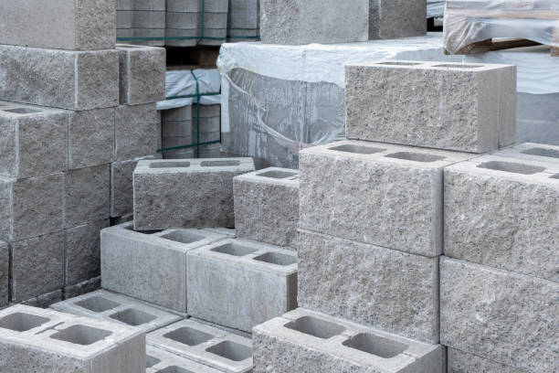 istock Stack of cement concrete Building cinder blocks brick on pallete in hardware store 1429674205
