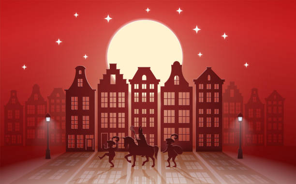 feier holländische feiertage - heiliger nikolaus oder sinterklaas kommt nachts in die stadt - rote papierkunstgrafik - santa claus christmas cartoon traditional culture stock-grafiken, -clipart, -cartoons und -symbole