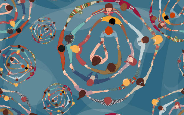 stockillustraties, clipart, cartoons en iconen met backdrop seamless pattern with group of diverse people in a circle from different cultures holding hands. community men and women of friends or volunteers. top view. racial equality.team - gemeenschap