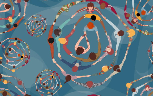 ilustrações de stock, clip art, desenhos animados e ícones de backdrop seamless pattern with group of diverse people in a circle from different cultures holding hands. community men and women of friends or volunteers. top view. racial equality.team - customs