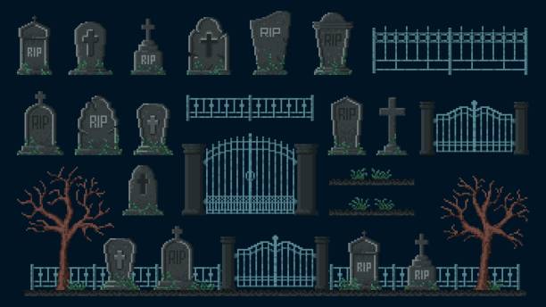 кладбище 8 бит пиксель игровой актив. надгробие, забор - cemetery grave halloween non urban scene stock illustrations