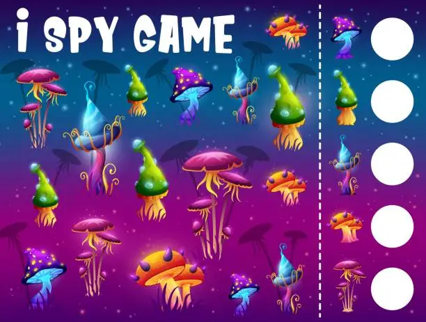 Vector illustration of I spy game worksheet with luminous magic mushroom