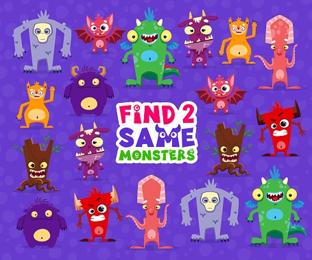 Find two same cartoon monster characters. Same picture finding quiz, kids game vector worksheet with cute fantasy dragon, angry devil, fluffy beast and funny bat, squid, evil stump monster personages
