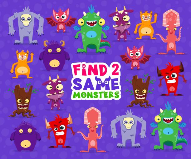 Find two same cartoon monster characters kids game Find two same cartoon monster characters. Same picture finding quiz, kids game vector worksheet with cute fantasy dragon, angry devil, fluffy beast and funny bat, squid, evil stump monster personages multiplication worksheet stock illustrations